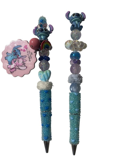Stitch Decoden Beaded Pens | Handmade Kawaii Blue & Purple Character Pens | Cute Stationery Gift